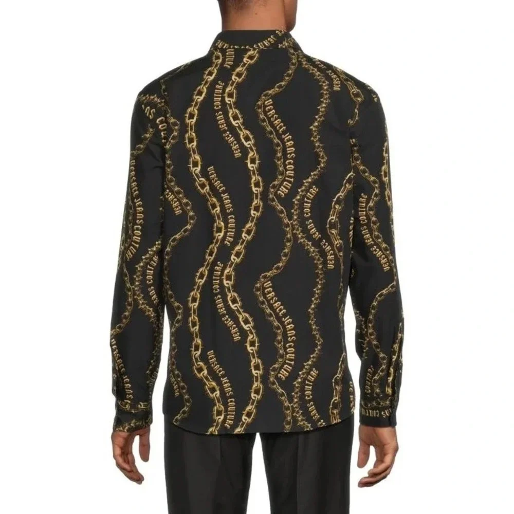 Versace Jeans Couture Long Sleeve Shirt‎ Mens XL 46US Chain Logo Black Gold NWT